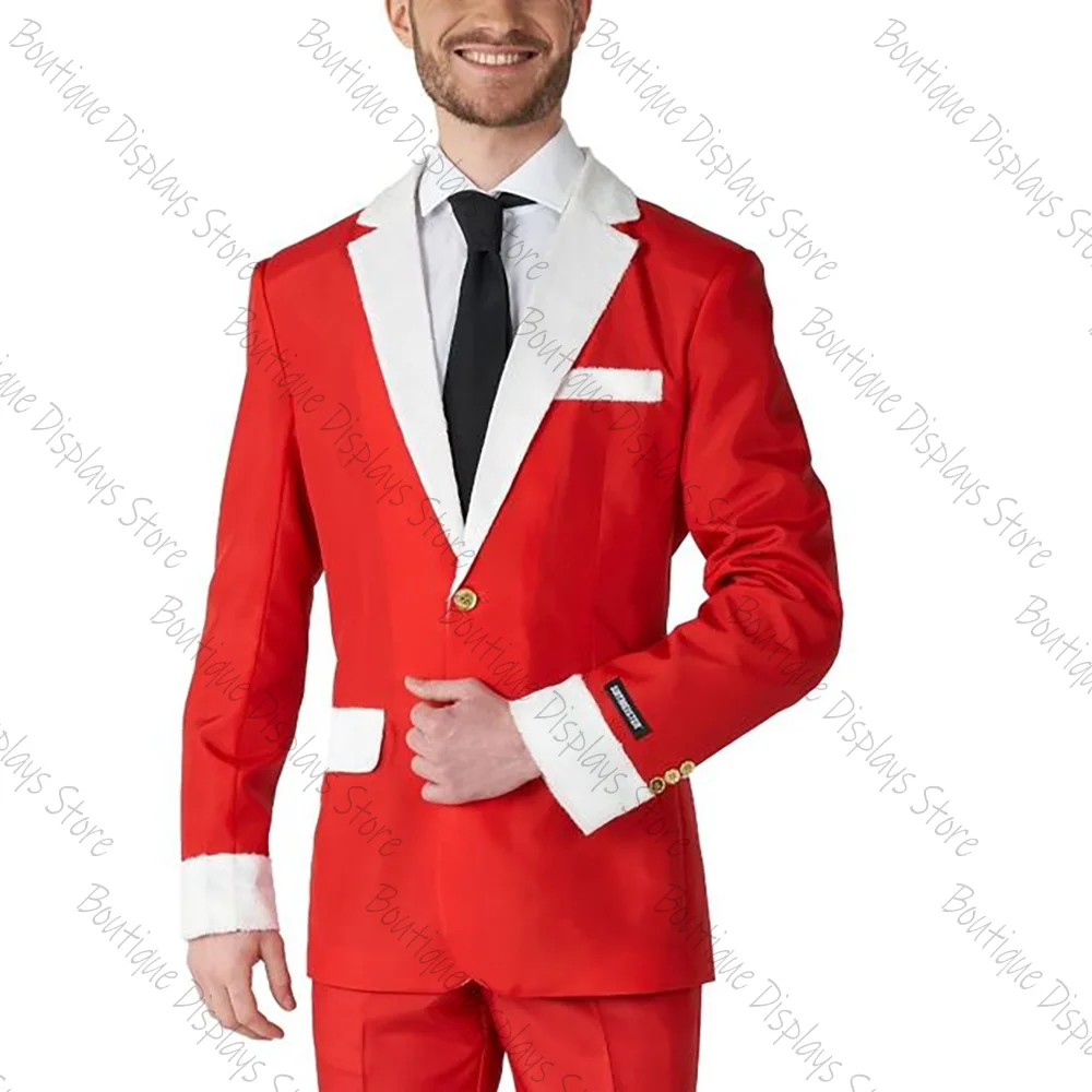 

Комплект с Рождеством, красный и белый однобортный мужской костюм, комплект из двух предметов (куртка + брюки), повседневная одежда для выпускного вечера