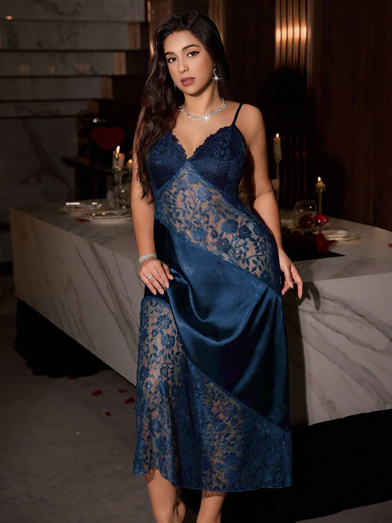Women's Deep Navy Satin Long Nightgown, Rose Floral Lace Splicing Deep V Thin Spaghetti Straps Luxurious Elegant Plus Size Atmos - view 2