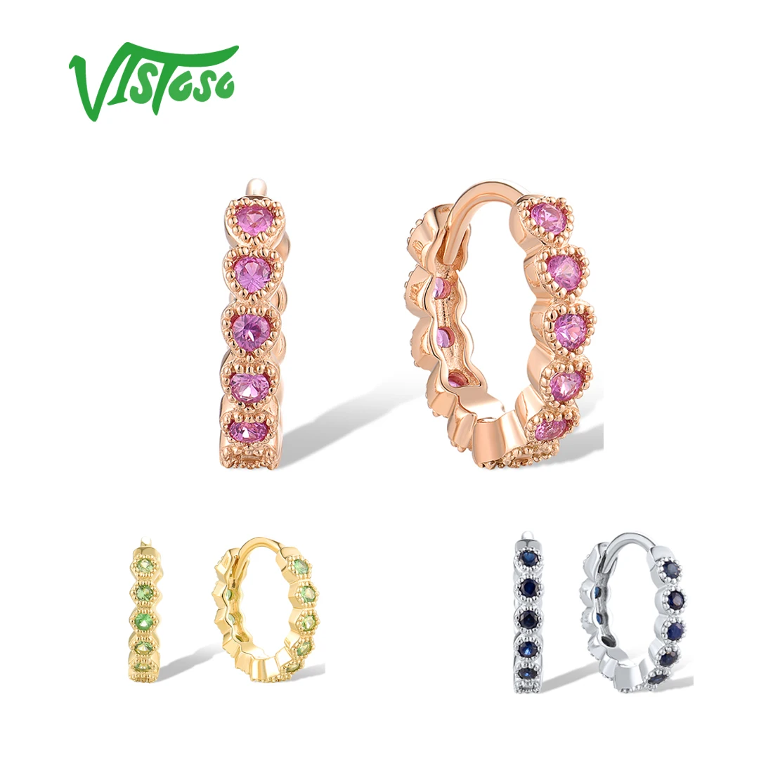 VISTOSO Real 14K 585 Yellow Gold Hoop Earrings For Women Sparkling Pink /Blue Sapphire Green Garnet Wedding Huggie Fine Jewelry