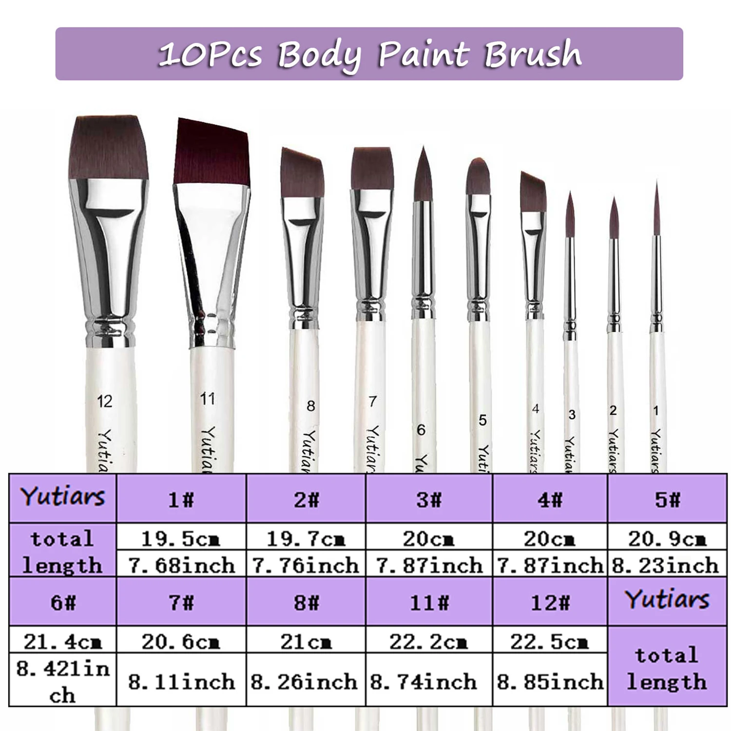 10pcs Professional Artist Paint Brush Set, White Handle, Nylon Bristles,Flat & Angled Brushes for Face Painting, Watercolor