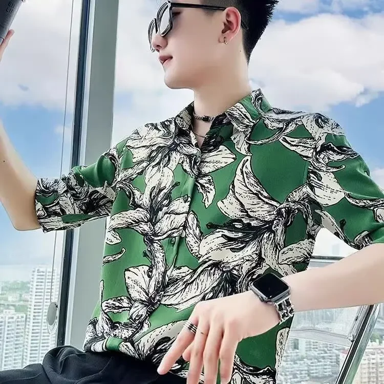 2025 Summer New Fashion Men's Casual Trendy Printed Half Sleeve Turn-down Collar Single-breasted Shirts Male Clothes Coat Tops