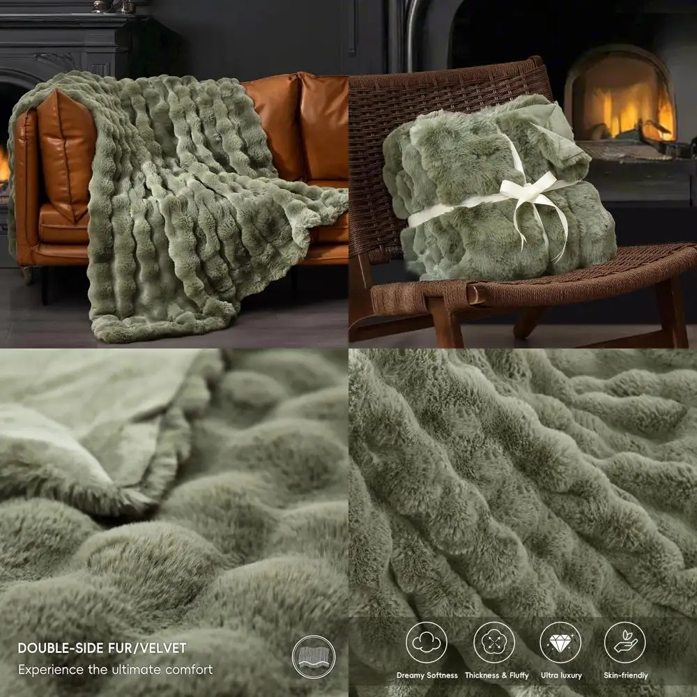 

Twin Size Luxe Faux Rabbit Fur Blanket, Plush & Cozy, Ideal for Autumn & Winter, Olive Green, 60x80