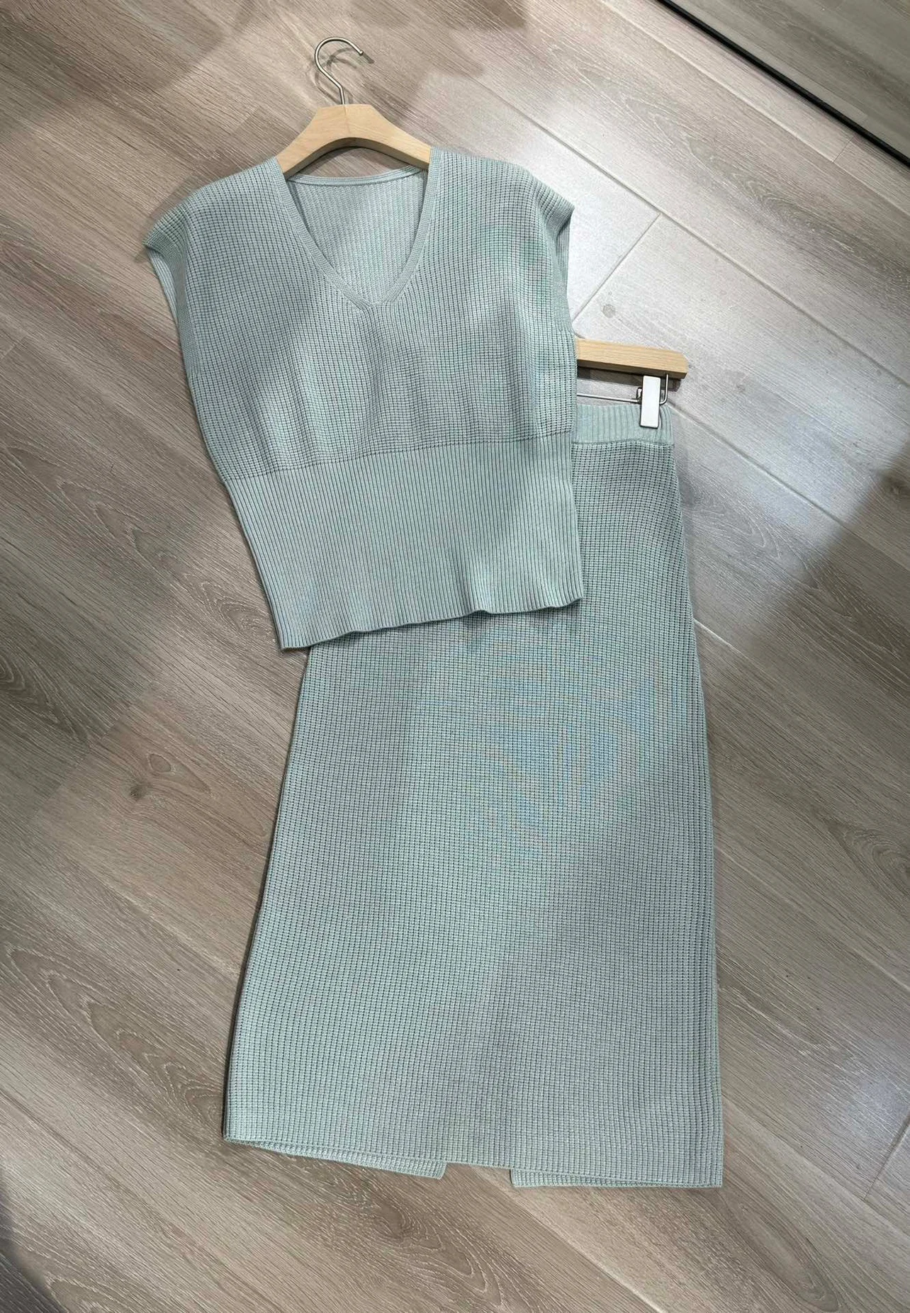 Conjunto de 2 piezas para mujer, Jersey de punto sin mangas y falda de cintura elástica, traje de primavera