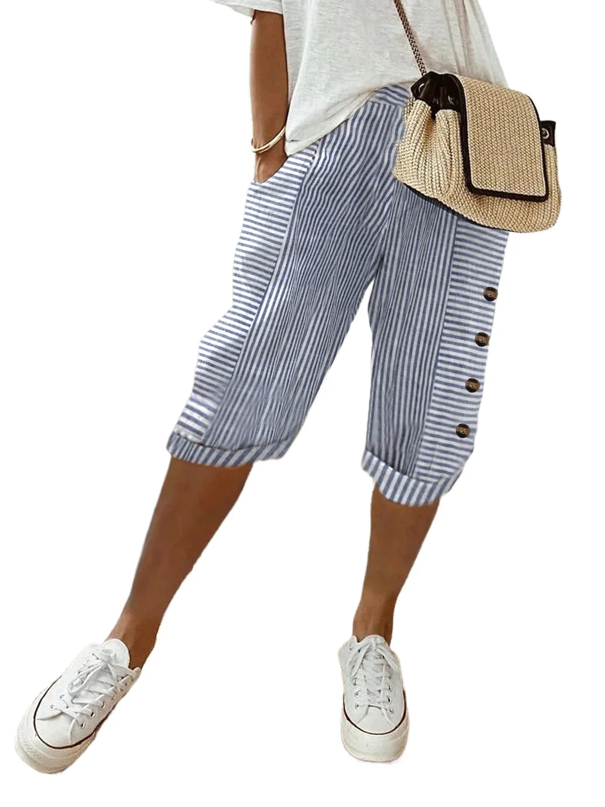New Summer Women Casual Striped Capri Pants High Waist Button Elastic Loose Fit Button Beach Bottoms Casual