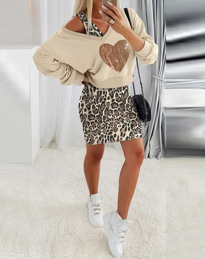 Fashion Winner 2 Piece Contrast Sequin Heart Pattern V-Neck Sweatshirt Leopard Print Sleeveless Tank Dress Set for Women