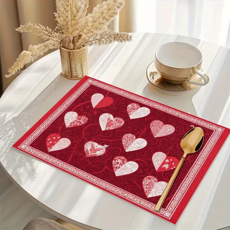 Pastel Sketch Heart Placemat Multi Shade Pink Green Love Pattern Non Slip Table Pad Romantic Dinner Table Decor