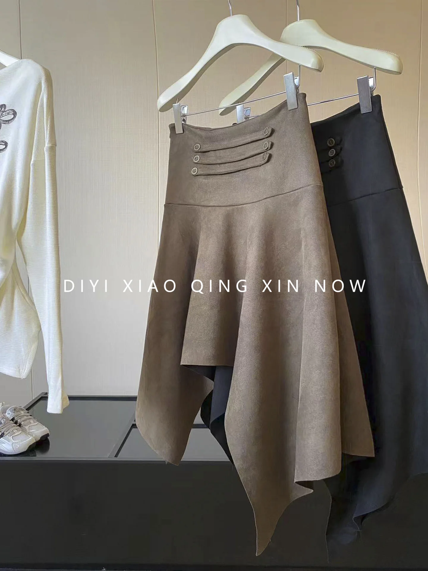 DIYI Philadelphia Sunset High Waist Midi Skirt Women's Design Sense Pleated Suede Irregular Half-length Autumn Winter Skirt