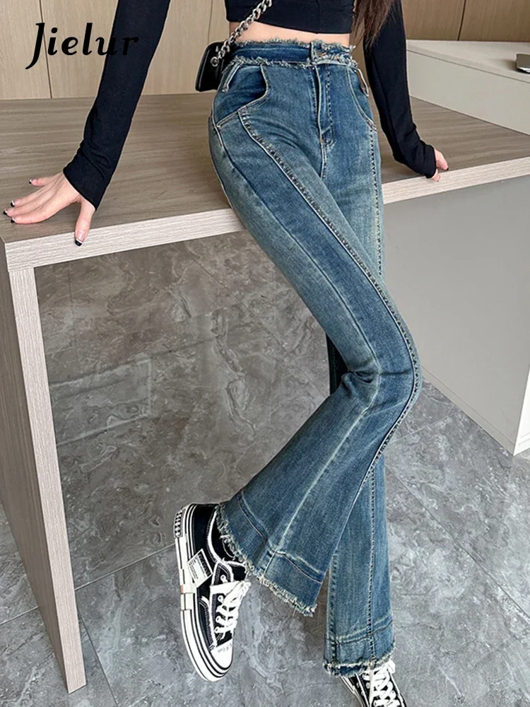 Jielur クラシックハイウエストフレアジーンズ女性ファッションレトロブルージーンズ女性の夏のカジュアル韓国スキニーデニムパンツ女性 Y2K