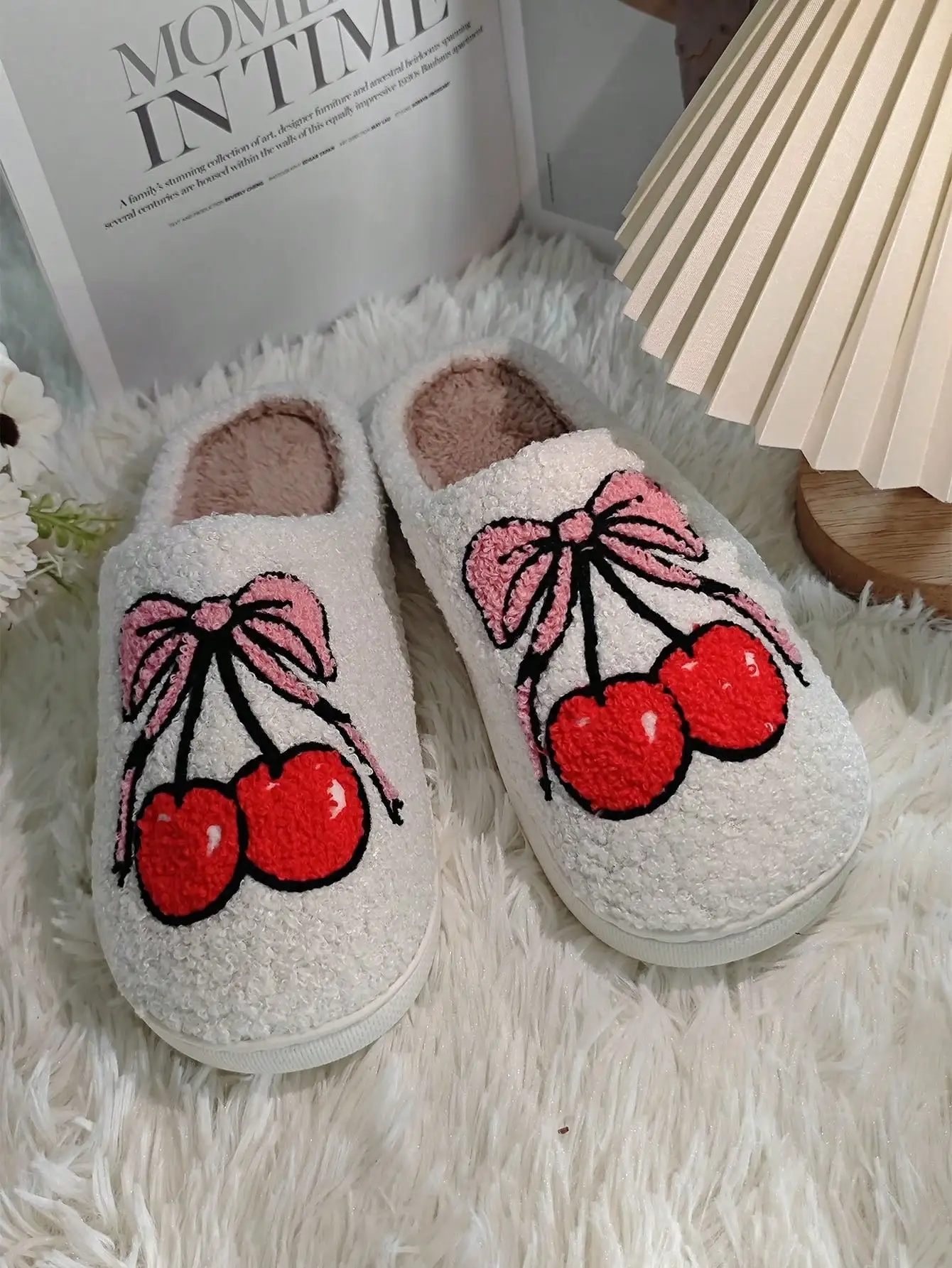 

New cute bow cherry bestseller autumn and winter fabric fleece slippers for women's indoor home, couple's fluffy, student dormit