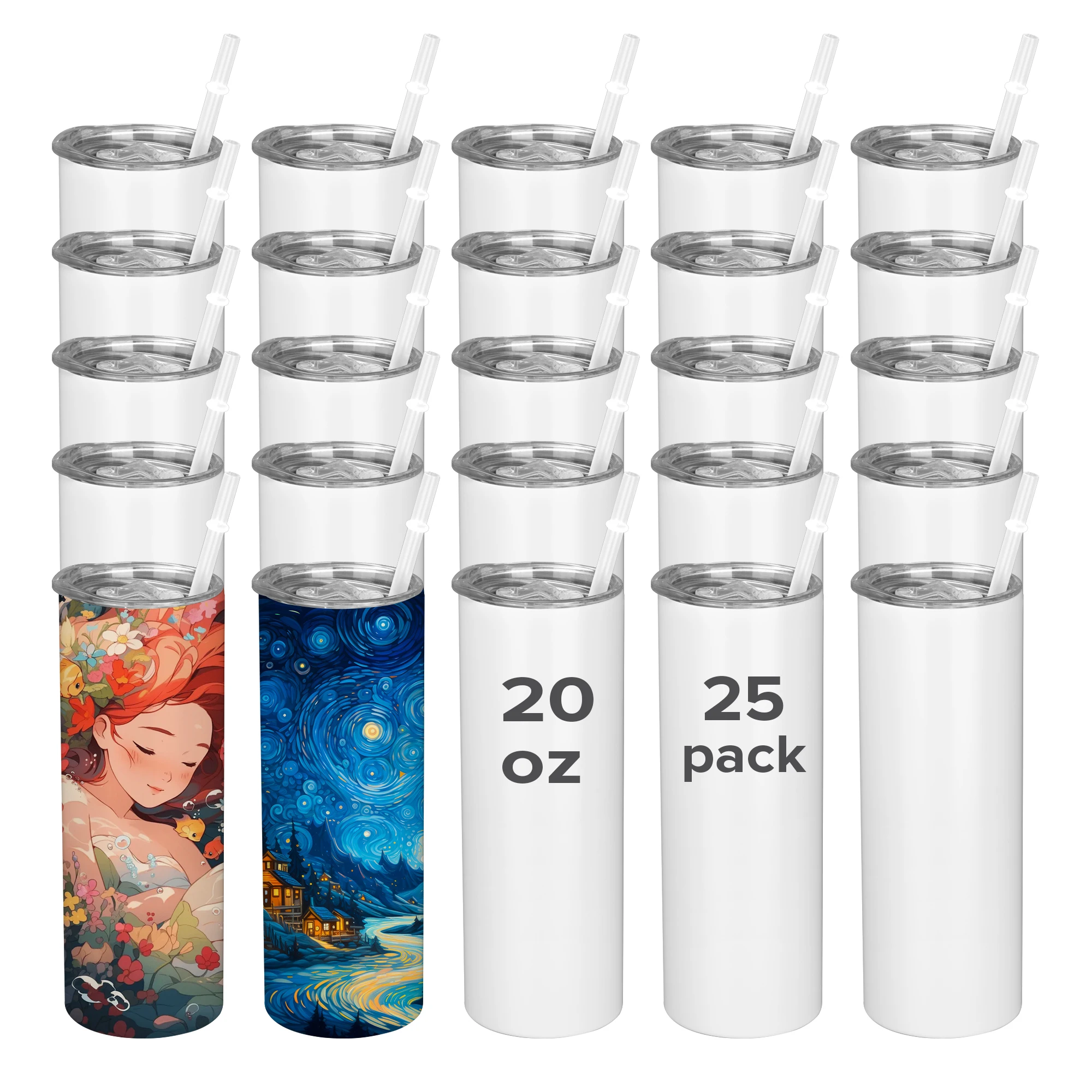 25Pack Matte Sublimation Tumblers 20 OZ Sublimation Blank Tumblers Insulated Skinny Tumbler Vacuum Double-wall Water Bottle Cup