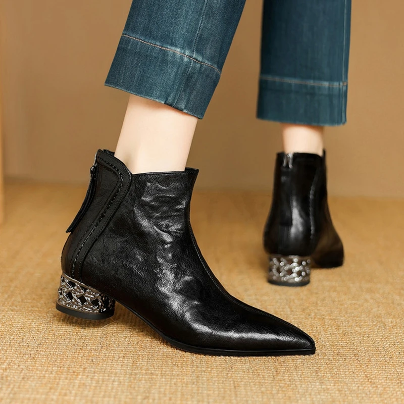 NEW Autumn/Winter Women Boots Genuine Leather Shoes for Women Pointed Toe Chunky Heel Shoes Zipper Modern Boots Soft Daily Shoes