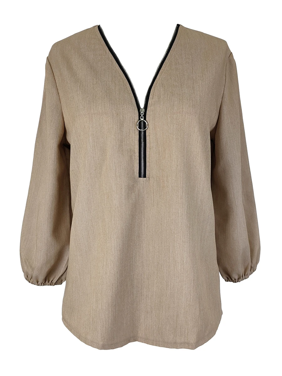 Autumn Winter Women Shirt V Neck Zipper Lantern Long Sleeve Solid Casual Loose Blouses Office Lady Elegant Fashion Tops Female view 5