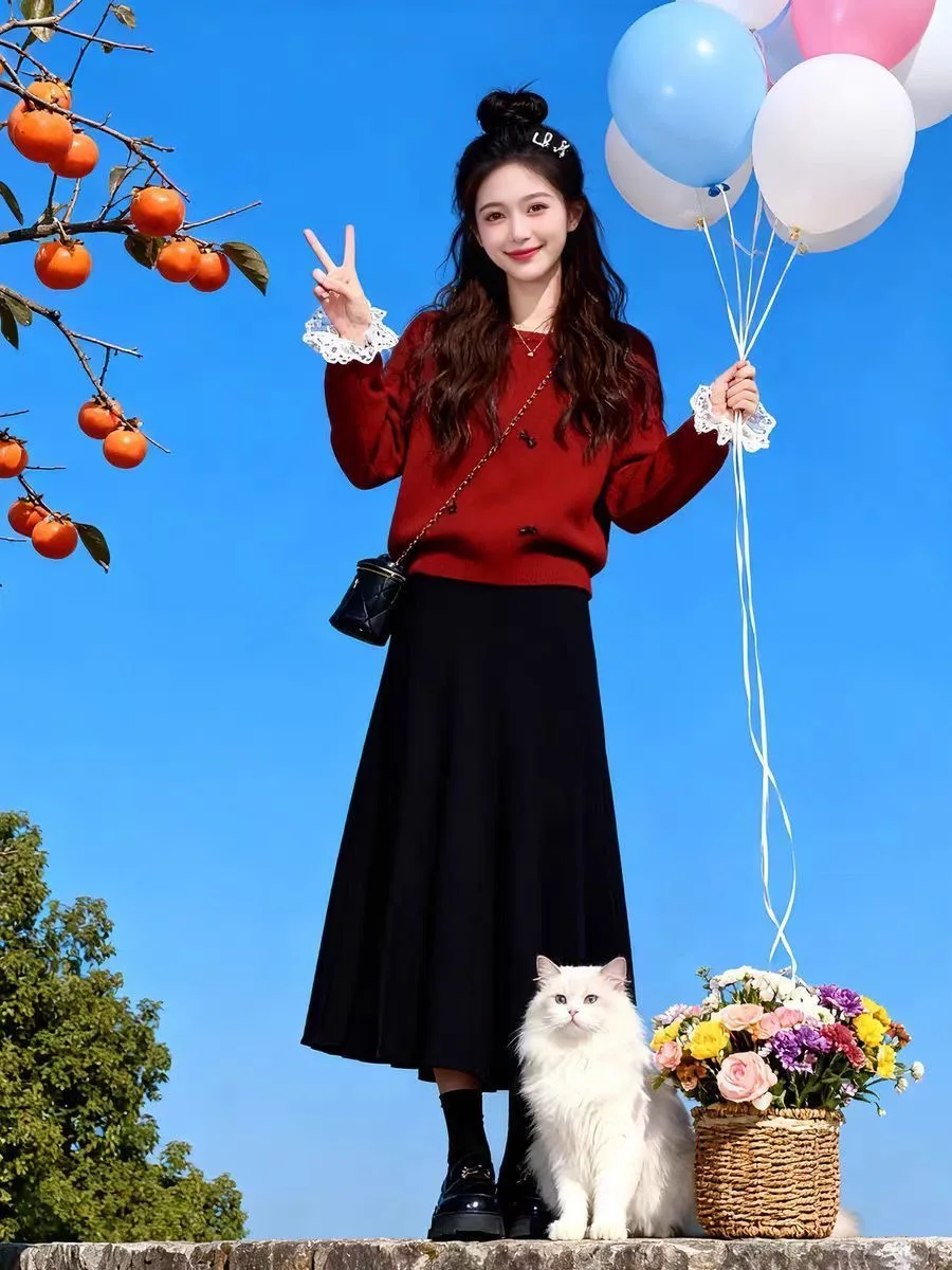 

Красный вязаный комплект с юбкой: праздничный новогодний костюм из двух предметов для женщин, модный, с высокой талией, на весну-зиму, с круглым вырезом и длинными рукавами