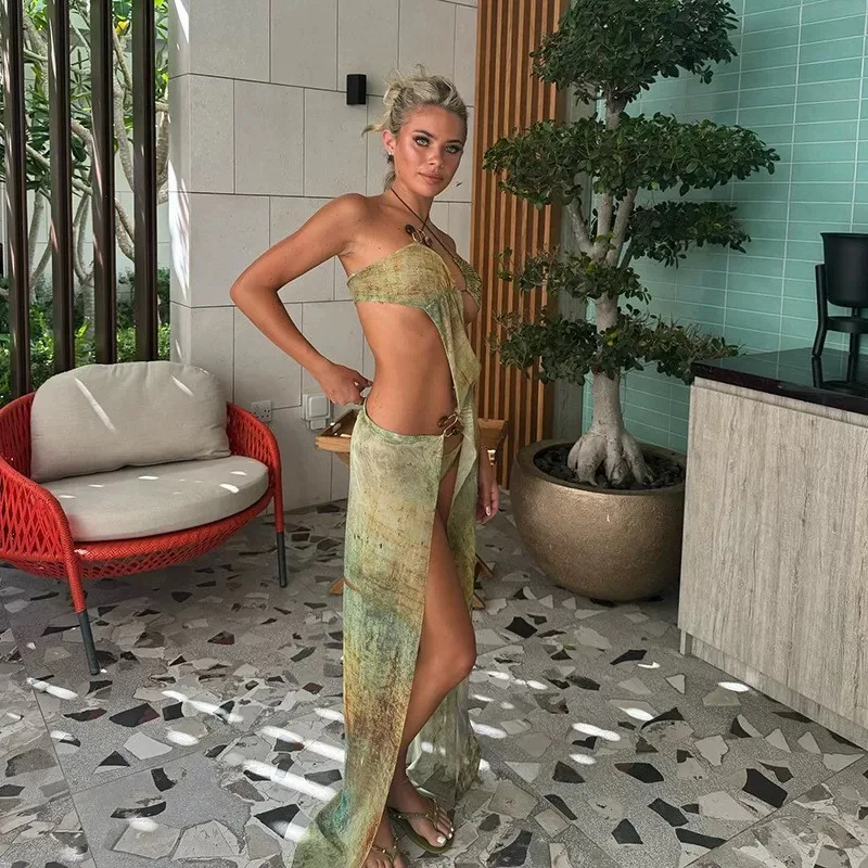 여성 섹시한 나이트 클럽 긴 얇은 쉬어 드레스 여성 홀터넥 할로우 스플릿 타이 염색 파티 저녁 연회 날짜 긴 수석 드레스