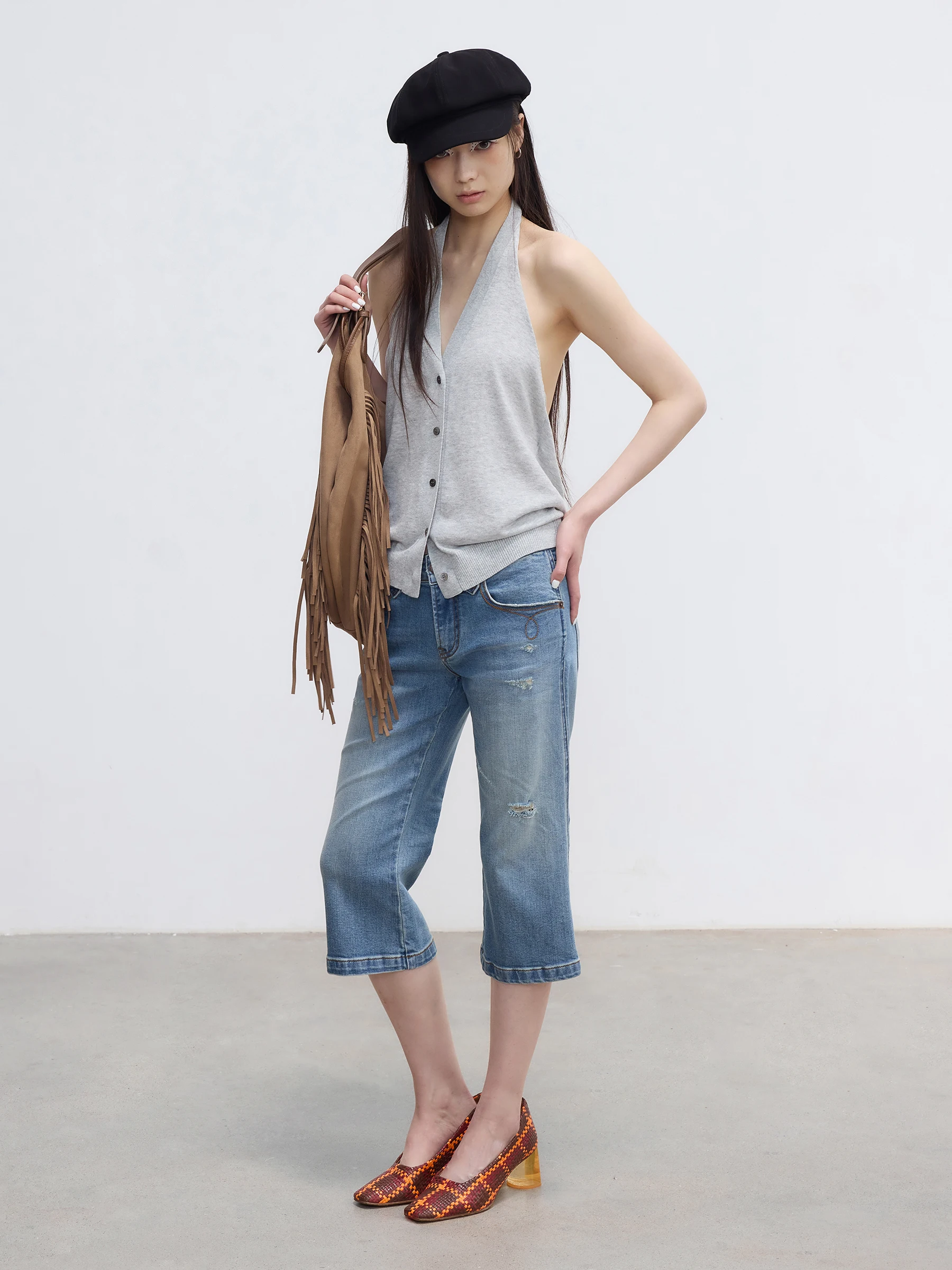 Comfortable Adjustable Strap Knitted Linen Cotton Backless Vest Gentle on Skin Machine Washable Women's Short V-Neck Top
