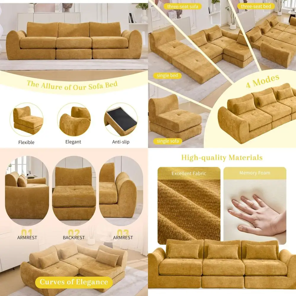 

Диван-кровать 102 Cloud, 4-функциональный раскладной диван, отдельно стоящий диван, подходит для гостиной и спальни, зоны отдыха (желтый)