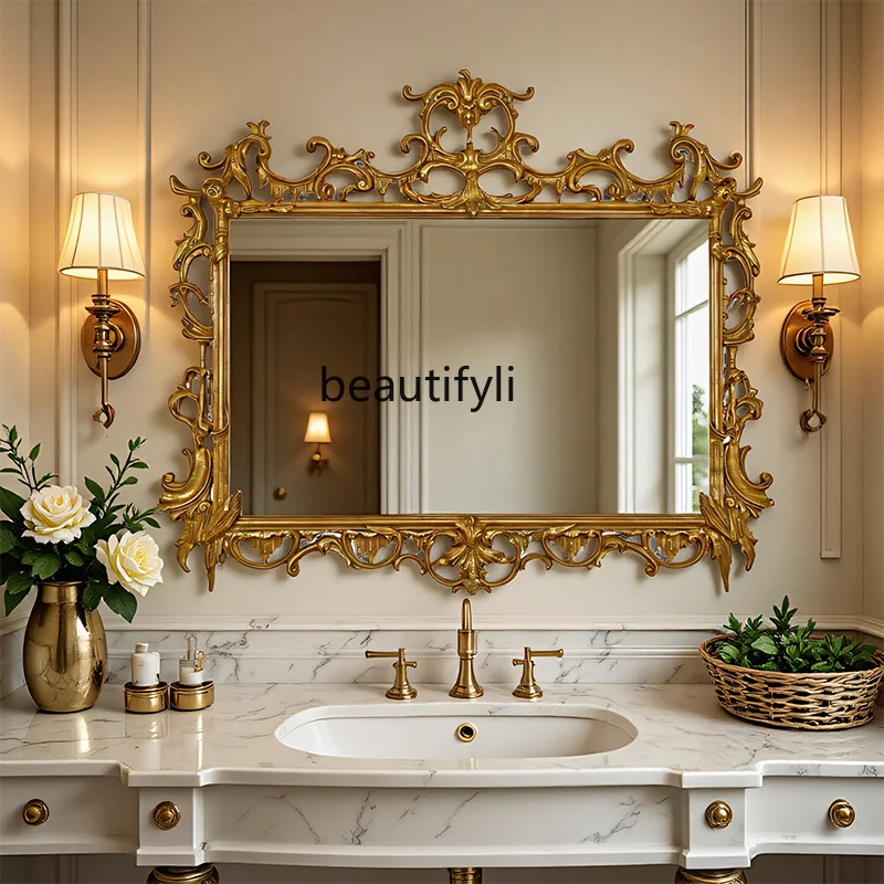 

French Retro Bathroom Mirror Wall-Mounted American Style Light Luxury Vanity Bathroom Decorative Mirror