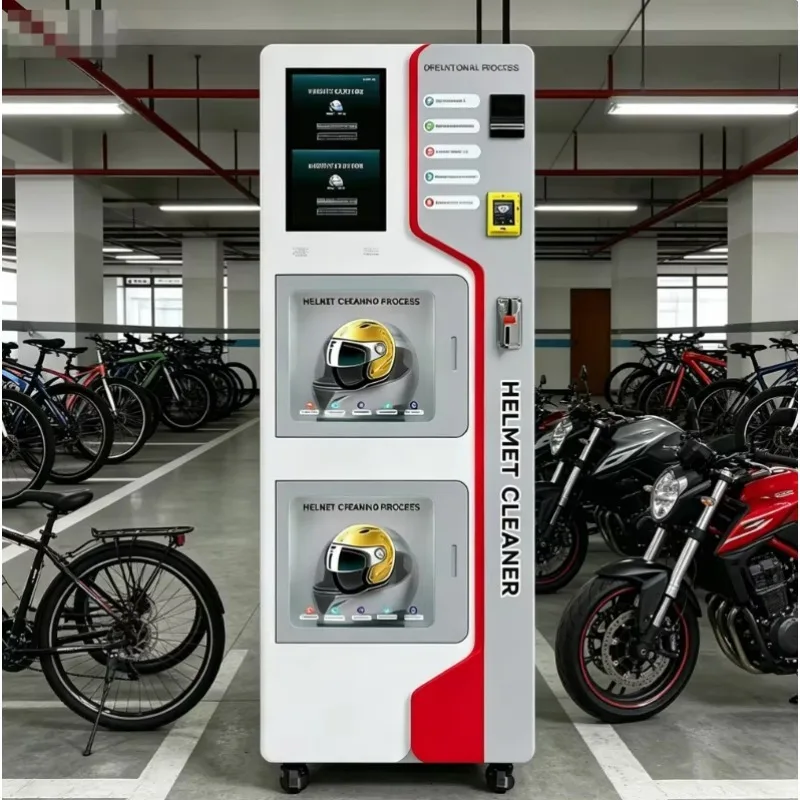 Motorcycle and bicycle helmet self-cleaning dry cleaner with sterilization and QR code payment system