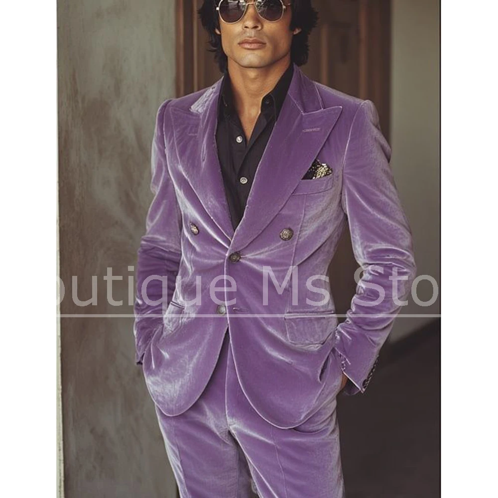 

Chic Velvet Men's Suit 2 Piece Blazer Pants Set Double Breasted Outfit Smart Casual Stylish Slim Fit Wedding Party Tuxedo