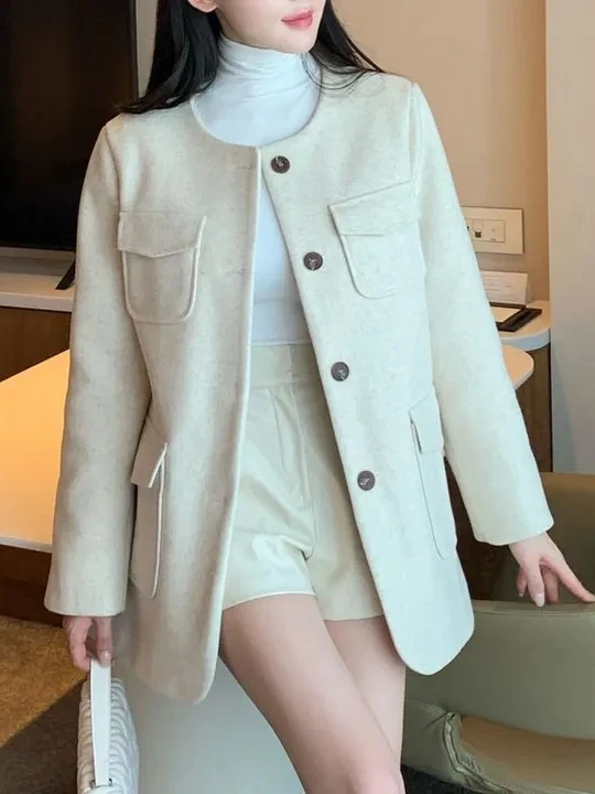 

Faionable Retro Woolen Coat Women's Chic round Ne Single Button Waist-Cinching Coat Long Sve Thi Winter Outerwear