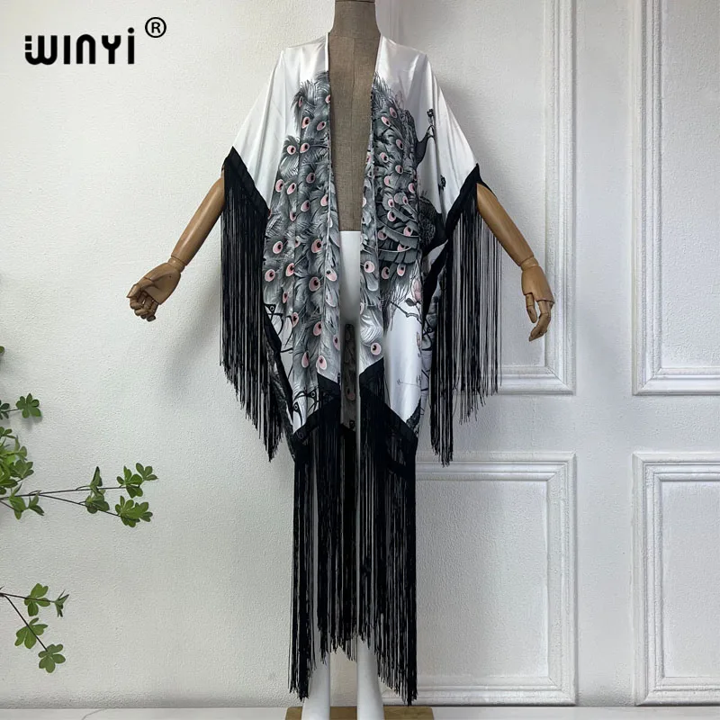 Imagem -04 - Winyi-áfrica Kimono Cover-ups Boho Peacock Print Biquíni Encobrir Moda Elegante Cardigã Férias Sexy Borlas Maxi Dress Verão