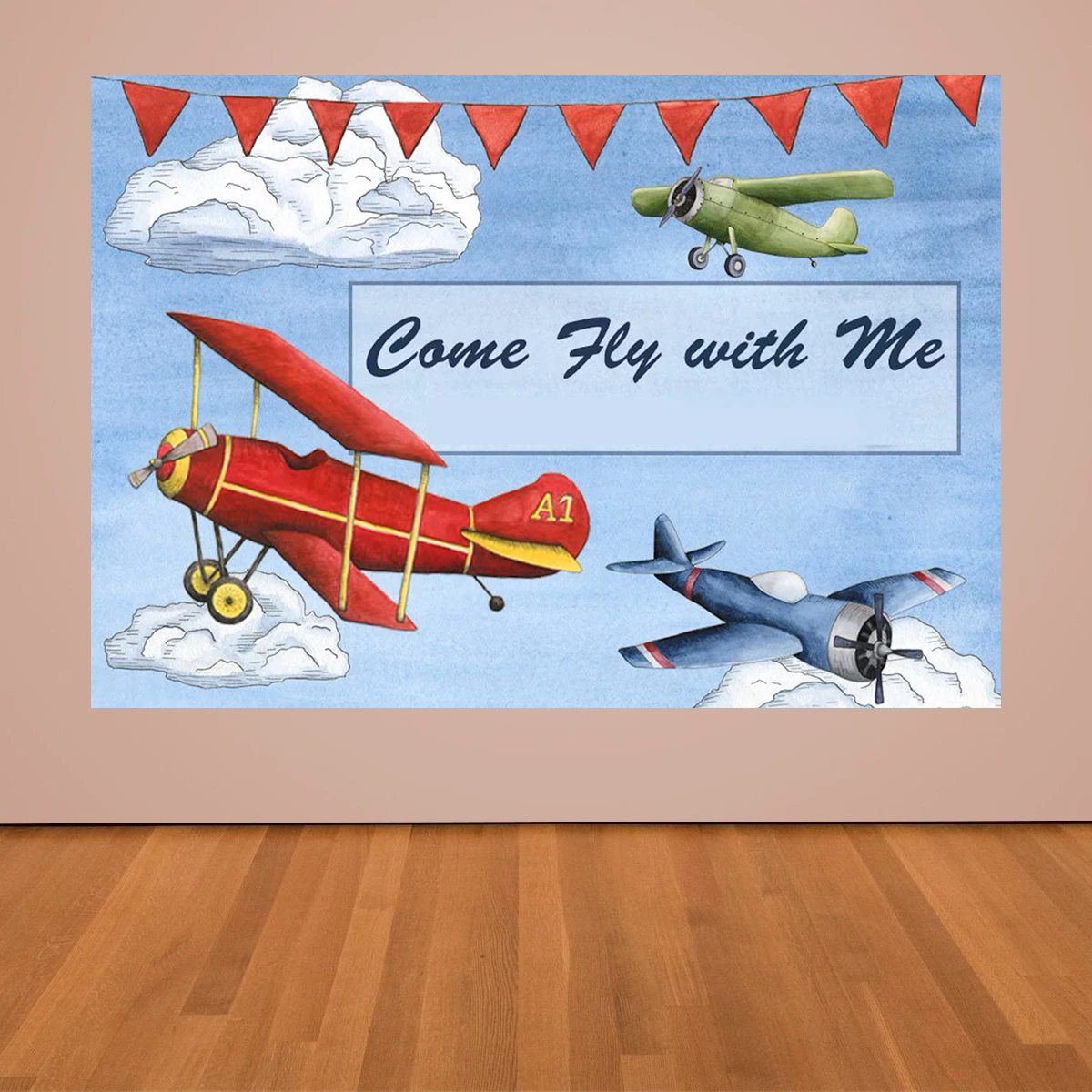 Come Fly With Me Happy Birthday Photography Kids Adventure Backdrop  Background Customiz Poster Red Plane Party Decoration