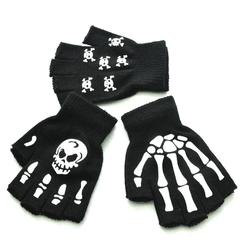 

Unisex Adult Halloween Skeleton Skull Half Finger Gloves Glow In The Dark Fingerless Stretch Knitted Winter Mittens