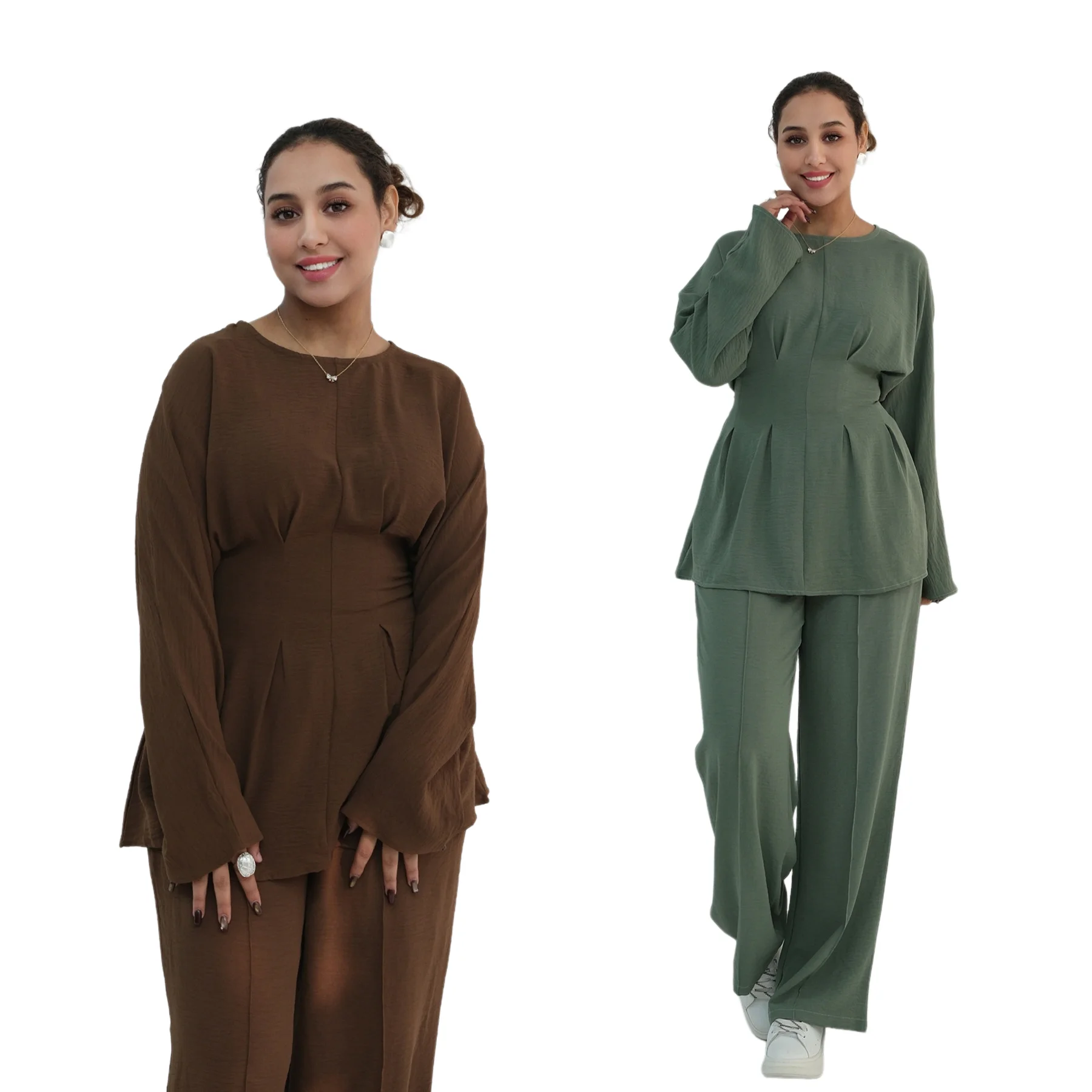 Muslim Women Matching Set Pleated Long Sleeve Solid Color Tops High Waist Loose Pant Suit Turkey Casual Tracksuit Kaftan Outfit