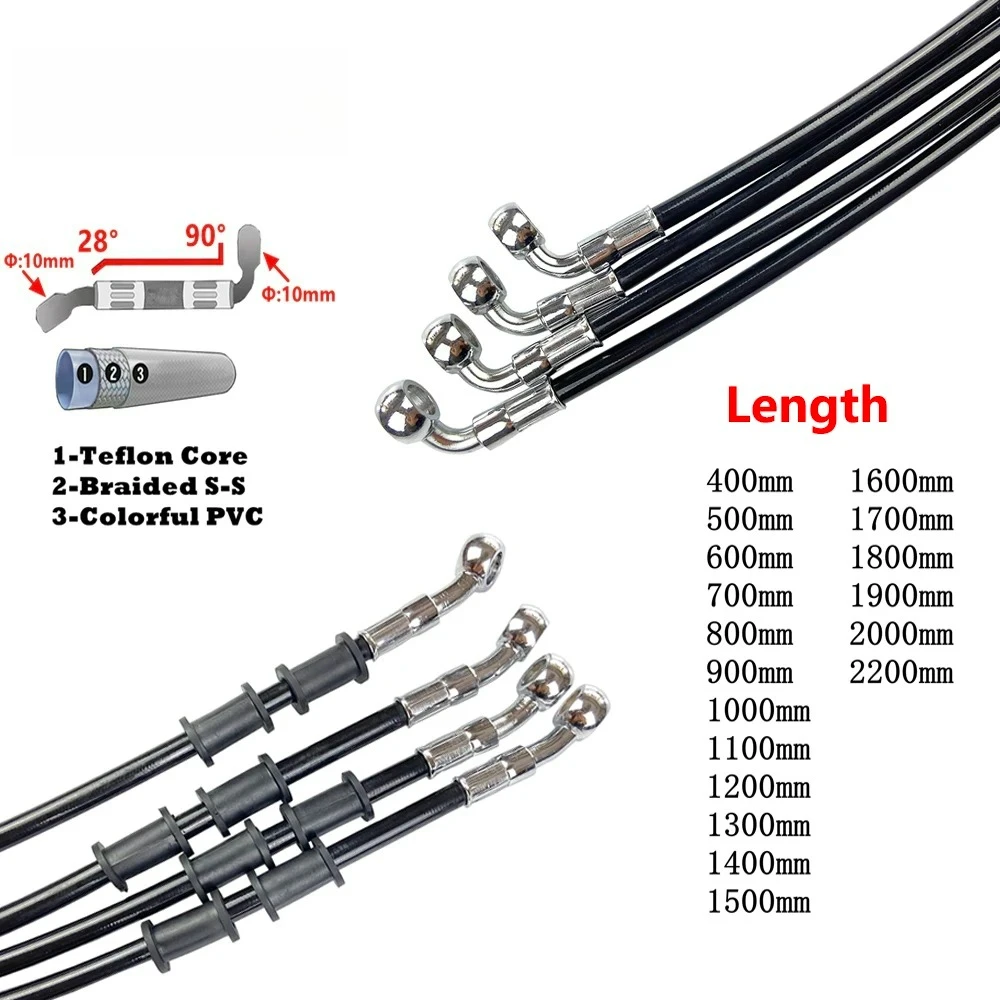 Black 400mm To 2200mm 28°-90° Motorcycle Hydraulic Reinforced Brake Clutch Oil Hose Line Pipe for  ATV Dirt Pit Racing Bike