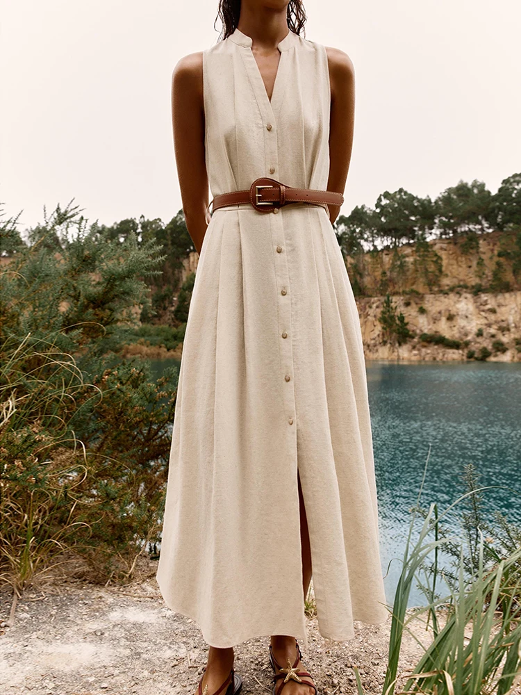 

Summer New Women's Midi Dr ZA2025 Svel Waist-Cinching Belted No-Bustle Faionable Ethnic Women's Clothing