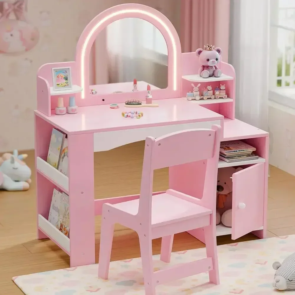 Children's Vanity Set with Lighted Mirror, Bookshelf, and Storage for Little Girls (Pink)