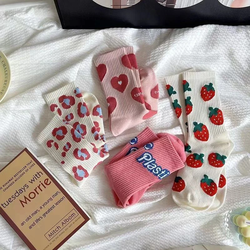Pink Socks Women's Spring Trend Versatile Mid Tube Socks Love Letter Cute Kawaii Long Socks Ins Trendy Outwear Women's Socks