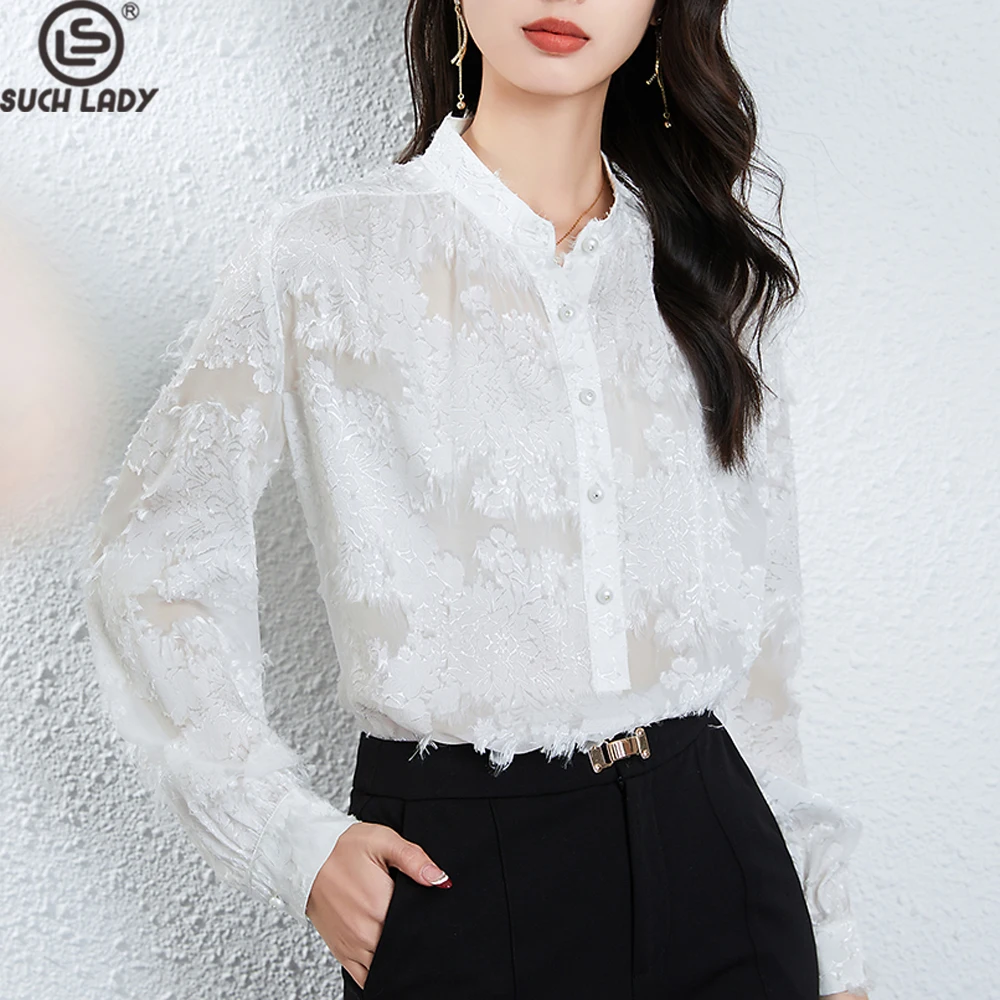 

100% Silk Women's Shirt Stand V Collar Long Sleeves Appliques Elegant Fashion Blouse Tops