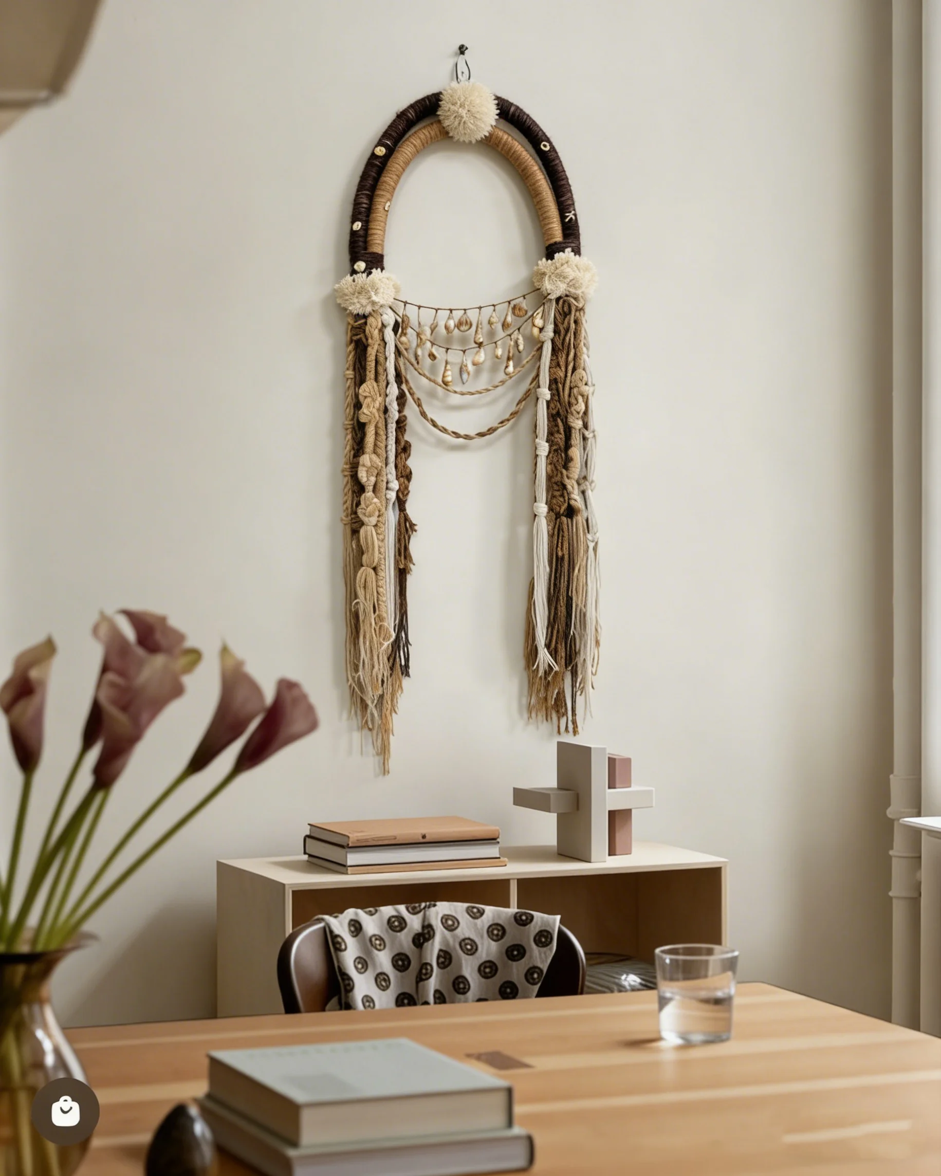 Boho Arch Macrame Wall Hanging | Woven Fiber Art with Pom Poms & Shell
