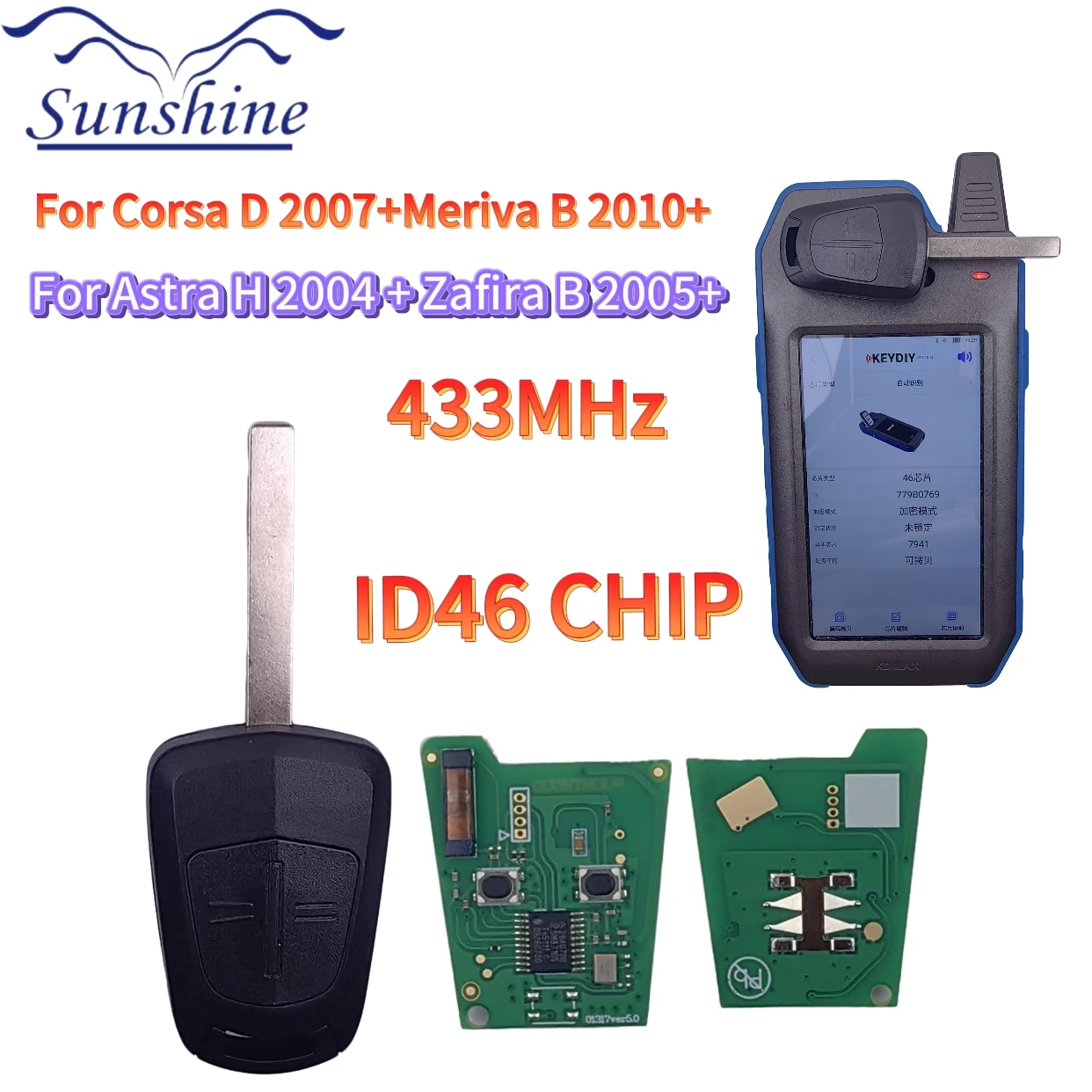 Sunshine Remote Car Key For Opel / Vauxhall Astra H 2004-2009 Zafira B 2005-2013 Corsa D 2007-2012 Meriva B 433MHz ID46-PCF7941