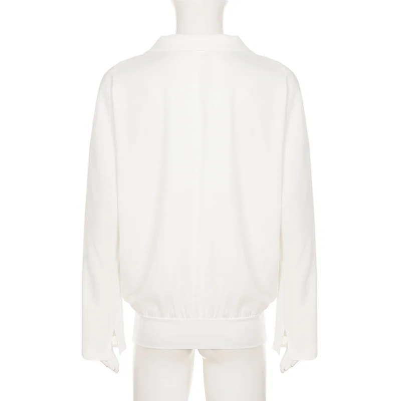 2025年秋 レディース 無地シャツ ノッチクロス ディープVネック 長袖 ルーズ カジュアル オールマッチング ベーシックトップス オフィスレディブラウス