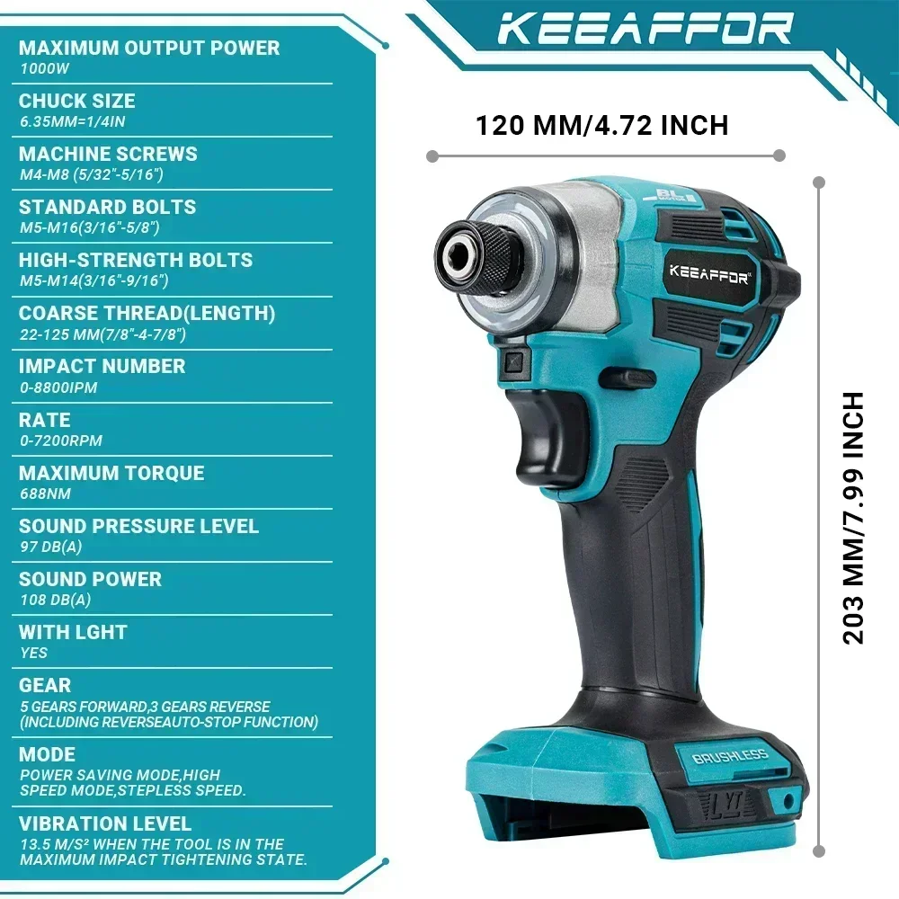 KEEAFFOR 688N.M 1000W Electric Screwdriver Brushless Electric Power Tool Impact Driver Kit Cordless Drill For Makita 18V Battery