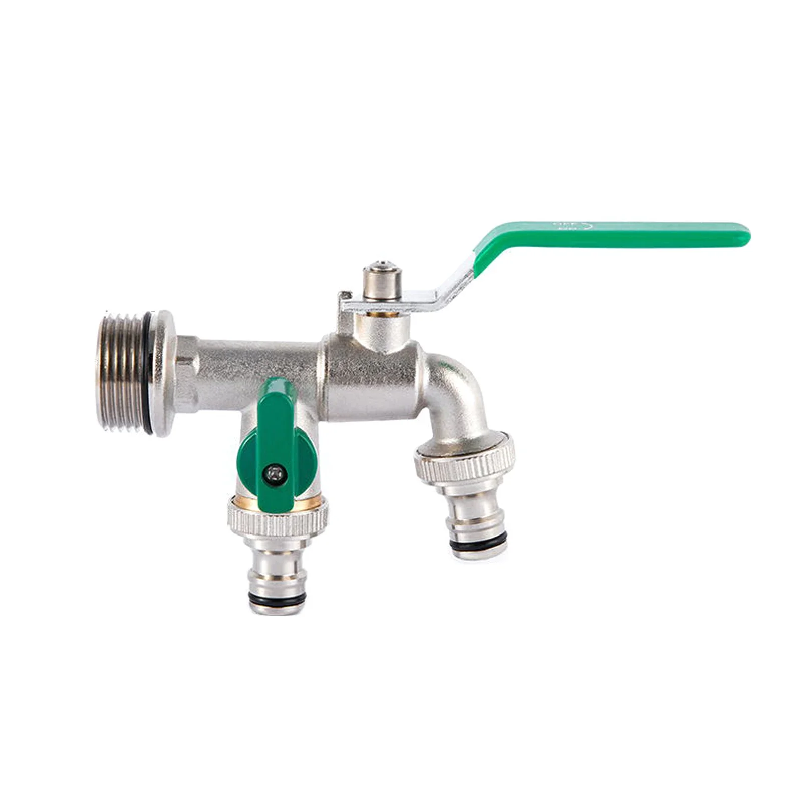 

Double Tap 3/4 Inch and 1 * 3/4 Inch Outlet W/ Thicken Outlet Valve Detachable for Garden Drinking Water Farm with Green Handle