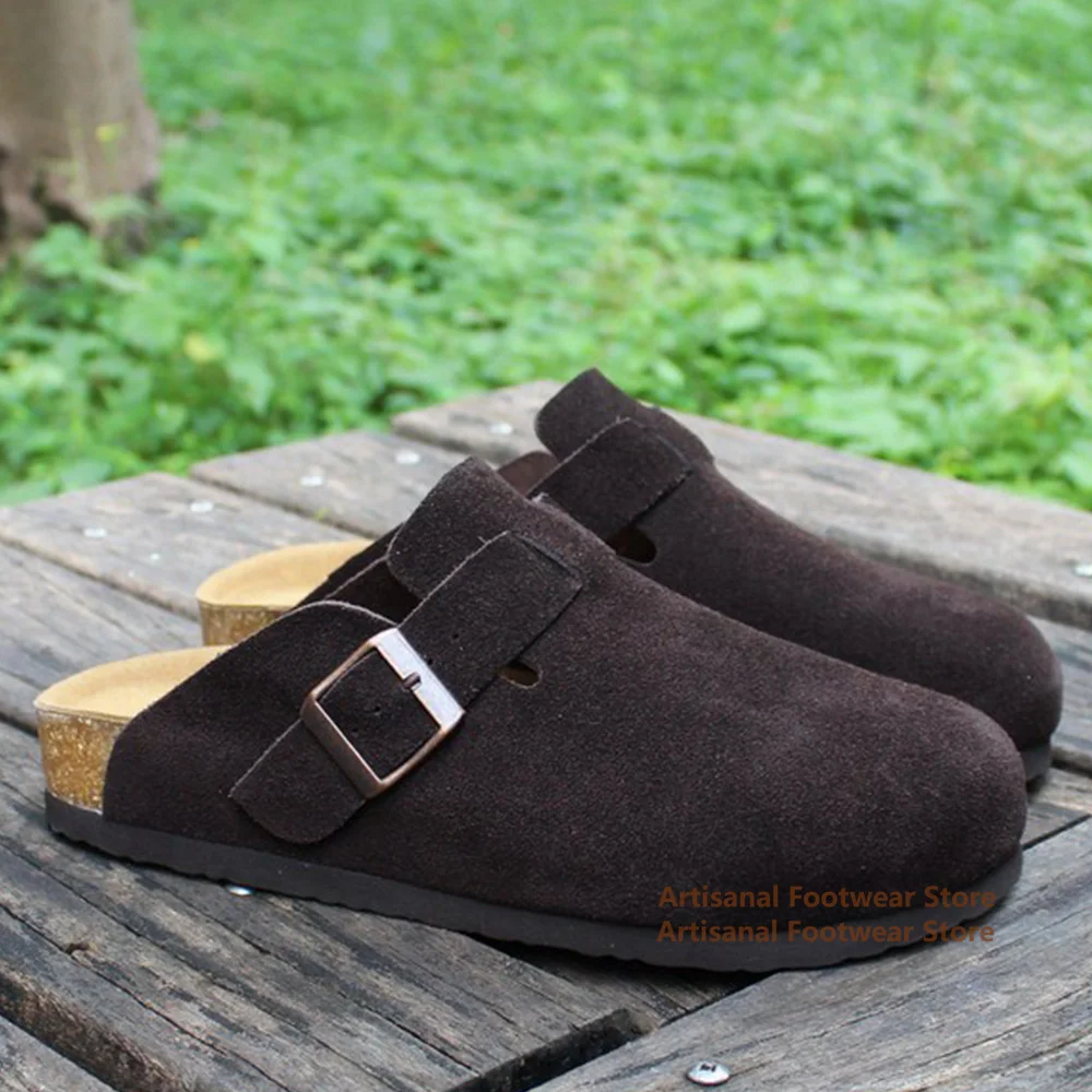 

Cork Thick Bottom Slippers Round Toe Slip-On Mules Men Shoes Unisex Slides British Style Luxury Designer Artisanal Footwear