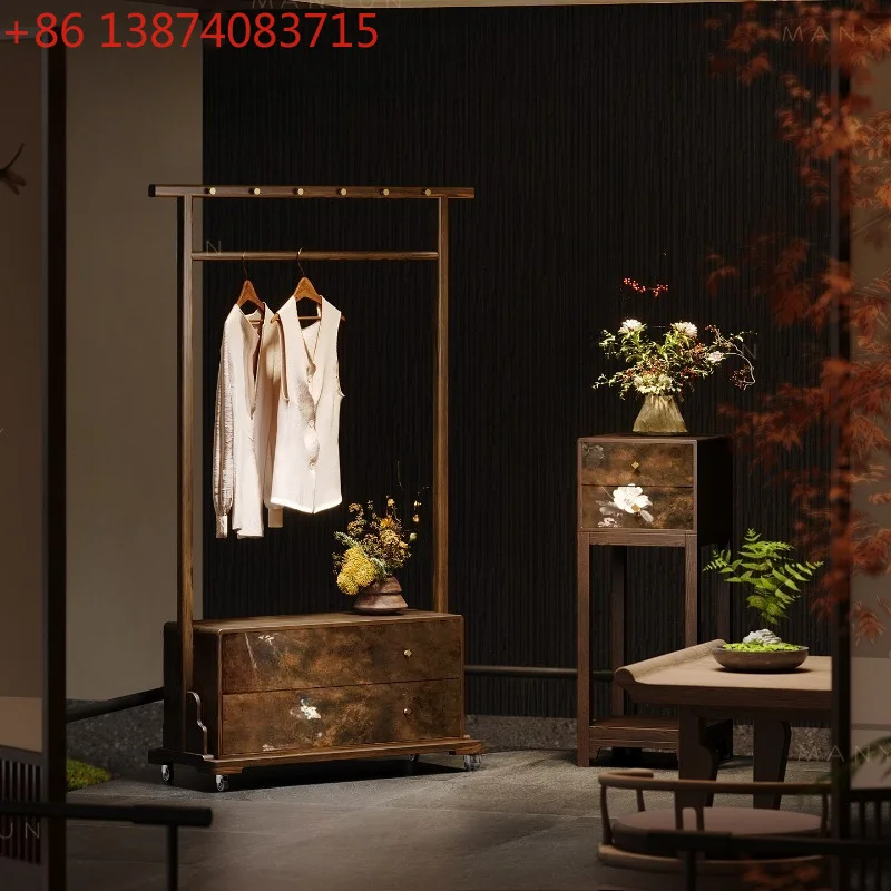Song-style aesthetic solid wood hanger, new Chinese lotus painted drawer coat rack, removable