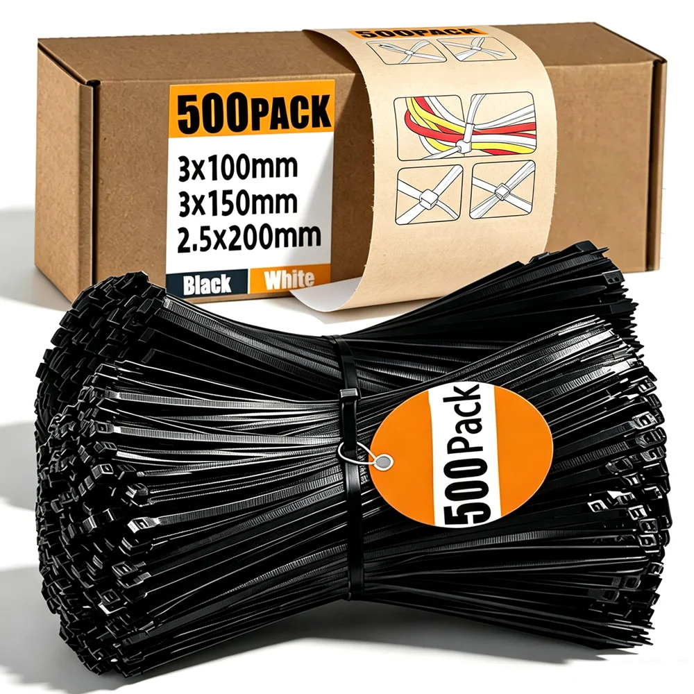 500-100Pcs Plastic Nylon Cable Ties Self-locking Cord Ties Straps for Home Office Wire Zip Ties Adjustable Cables Fastening Loop