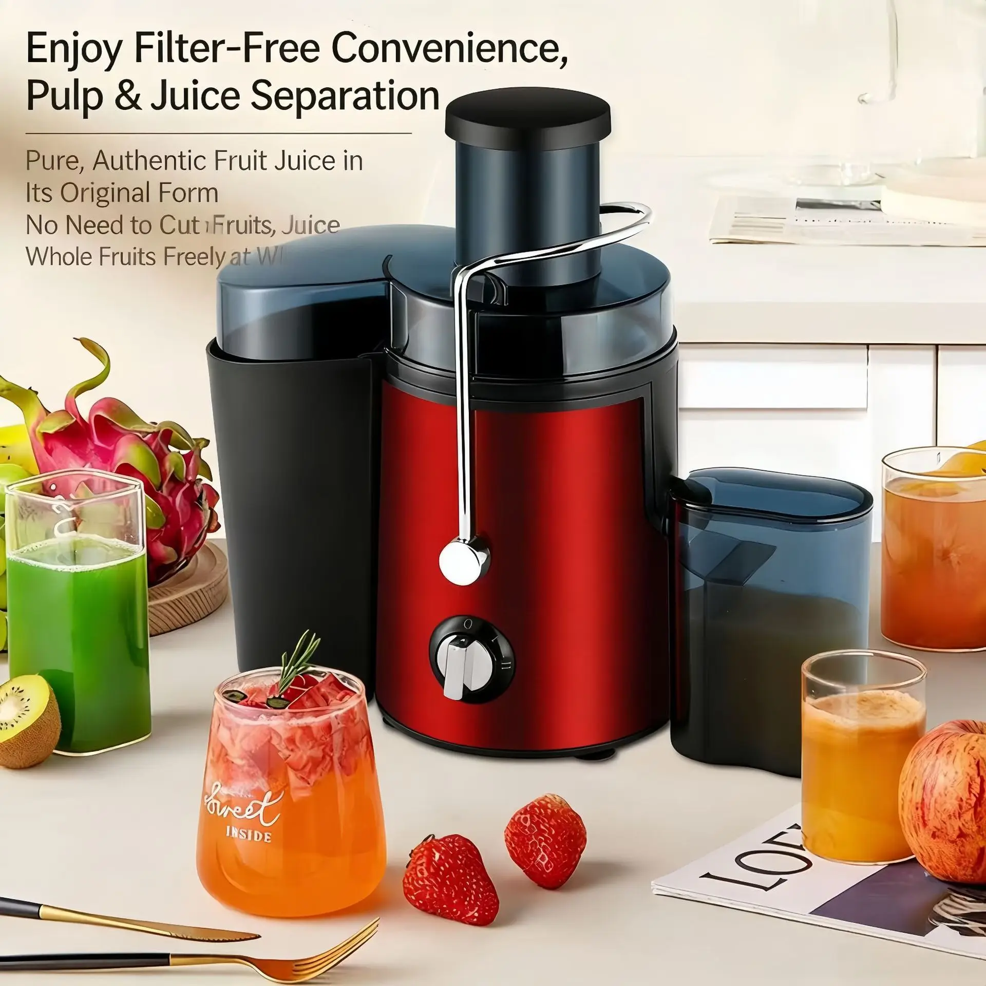 Small Feed Chute Juicer Home Multifunctional Automatic Fruit Vegetable Cold Press Juicer Residue Juice Separation