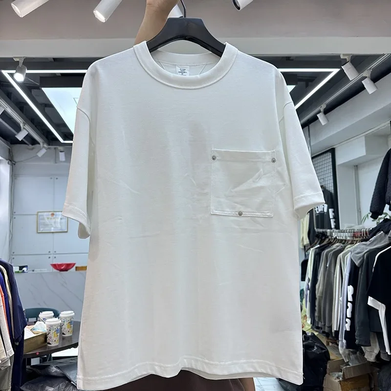 Solid Color T Shirt Chest Pocket with Three Half Buckle Men Women Oversize Streetwear Short Sleeve