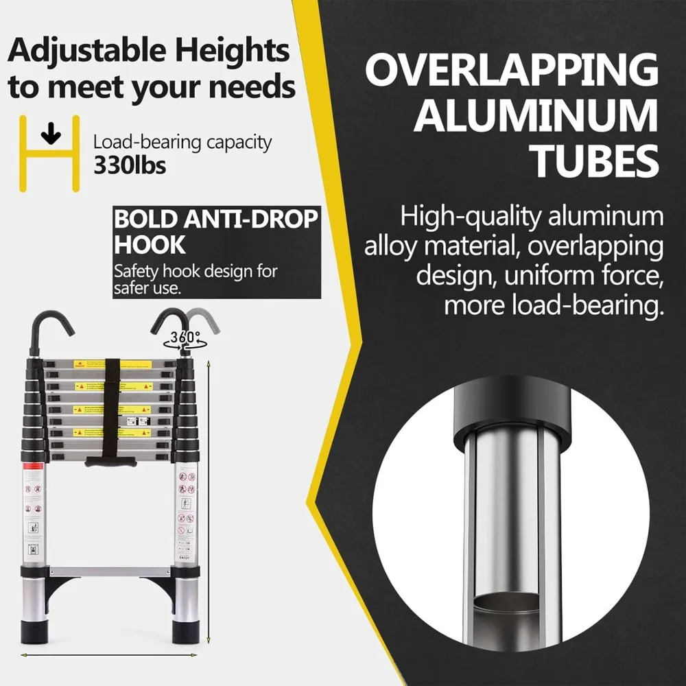 سلم تمديد من الألومنيوم خفيف الوزن بطول 9.5 قدم مع خطاف، سعة 330 رطل، قابل للطي للاستخدام متعدد الأغراض #2