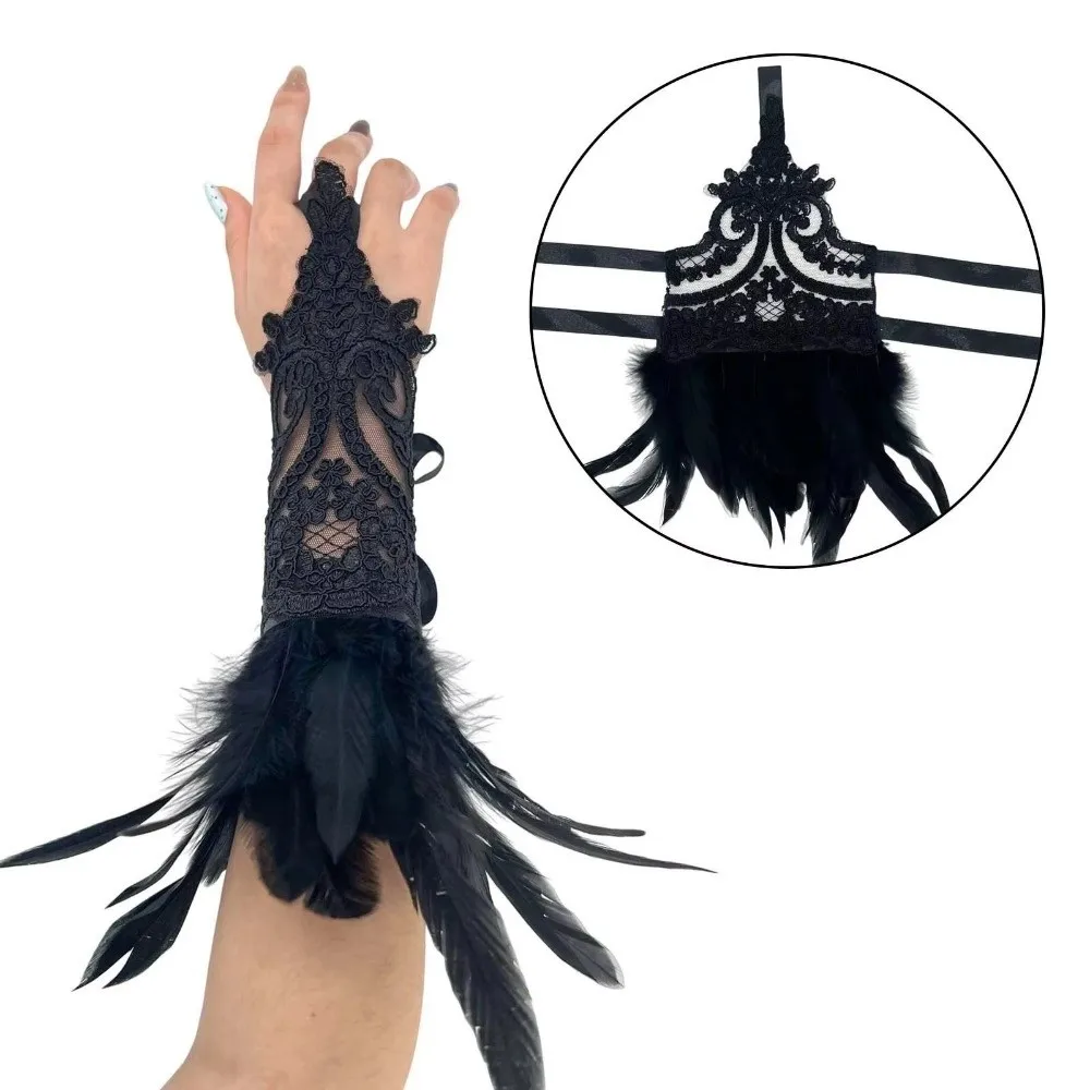 Retro Witch Halloween Feather Gloves Embroidery Lace Women Feather Lace Gloves Fingerless Gothic Halloween Wristband Carnival