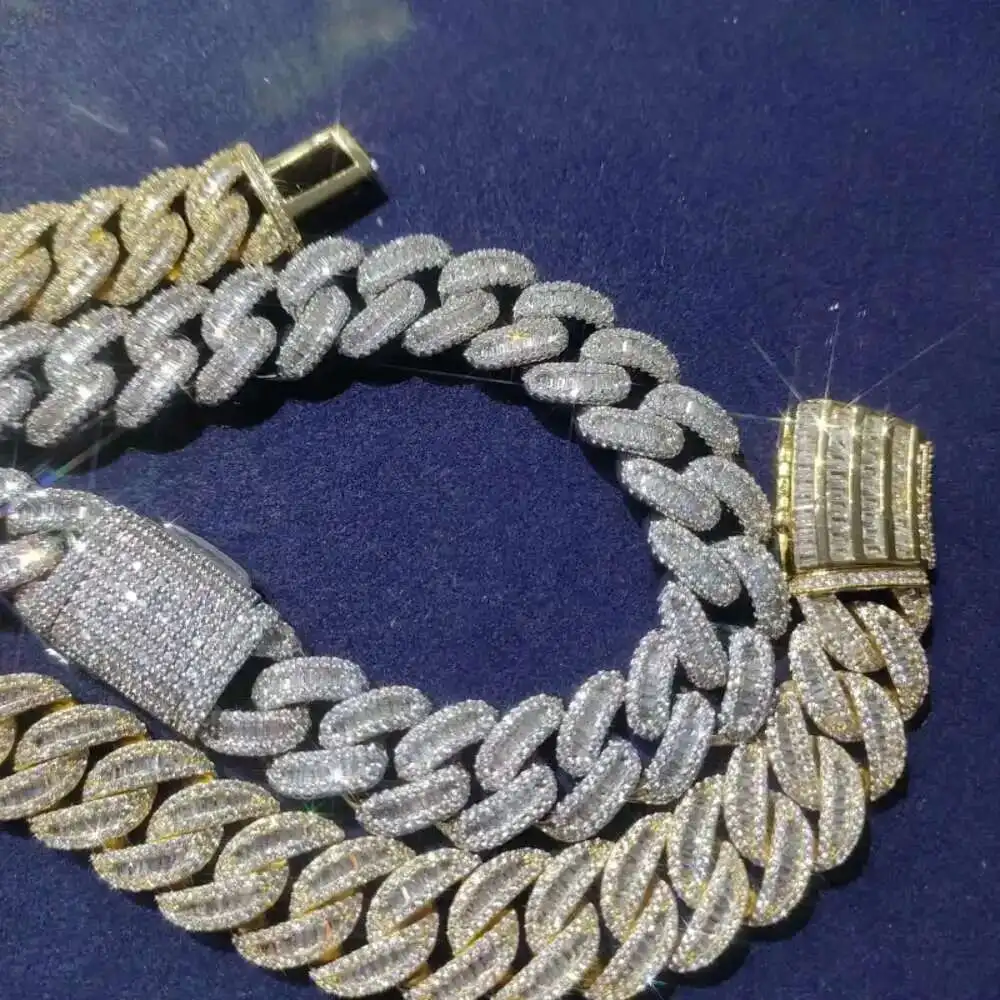 

High Quality Hip Hop Jewelry 12mm Baguette Diamond Necklace Vvs Moissanite Cuban Link Chain