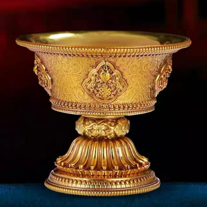 

Tibetan-Style Copper Butter Lamp Holder,Buddhist Item Offering Cup Thickened Eight Auspicious Carved Vajrayana Holy Water Bowl