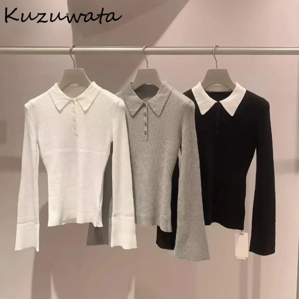 Kuzuwata Simple Slim Fit Turn-down Collar Flare Sleeve Sweaters Knit All-match Solid Pullover Japan New Fresh Fashion Pull Femme