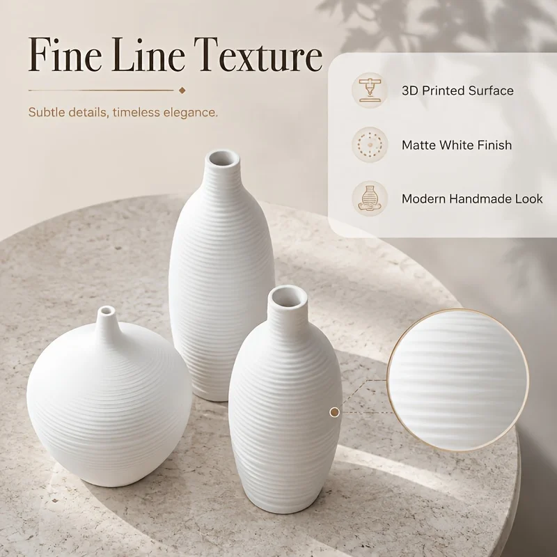 3 Pack 3D Printed PLA Matte White Horizontal Ribbed Vase Set, Mixed Shapes Fine Line Textured Vases for Dried Flowers Modern Min