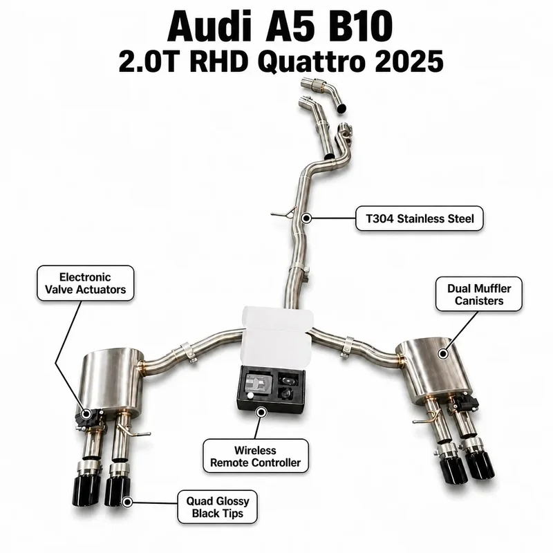 Quad Black Tips Exhaust Catback for Audi A5 B10 2025 2.0T RHD Quattro 304 Stainless Steel Valvetronic Efficiency
